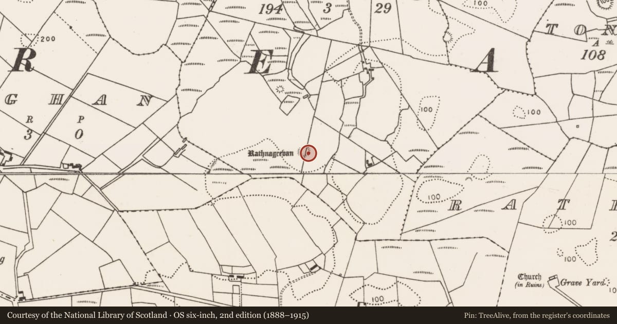 Ordnance Survey six-inch map, 2nd edition (1888–1915) covering the location of Enclosure, Carrowkeel (Tirawley By., Rathreagh Par.), County Mayo, with a pin at the register's coordinates