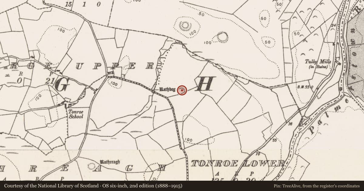 Ordnance Survey six-inch map, 2nd edition (1888–1915) covering the location of Ringfort - rath, Tonroe Lower, County Mayo, with a pin at the register's coordinates