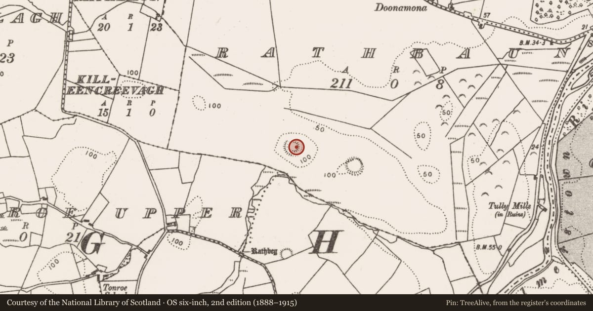 Ordnance Survey six-inch map, 2nd edition (1888–1915) covering the location of Ringfort - rath, Rathbaun (Tirawley By., Templemore Par.), County Mayo, with a pin at the register's coordinates
