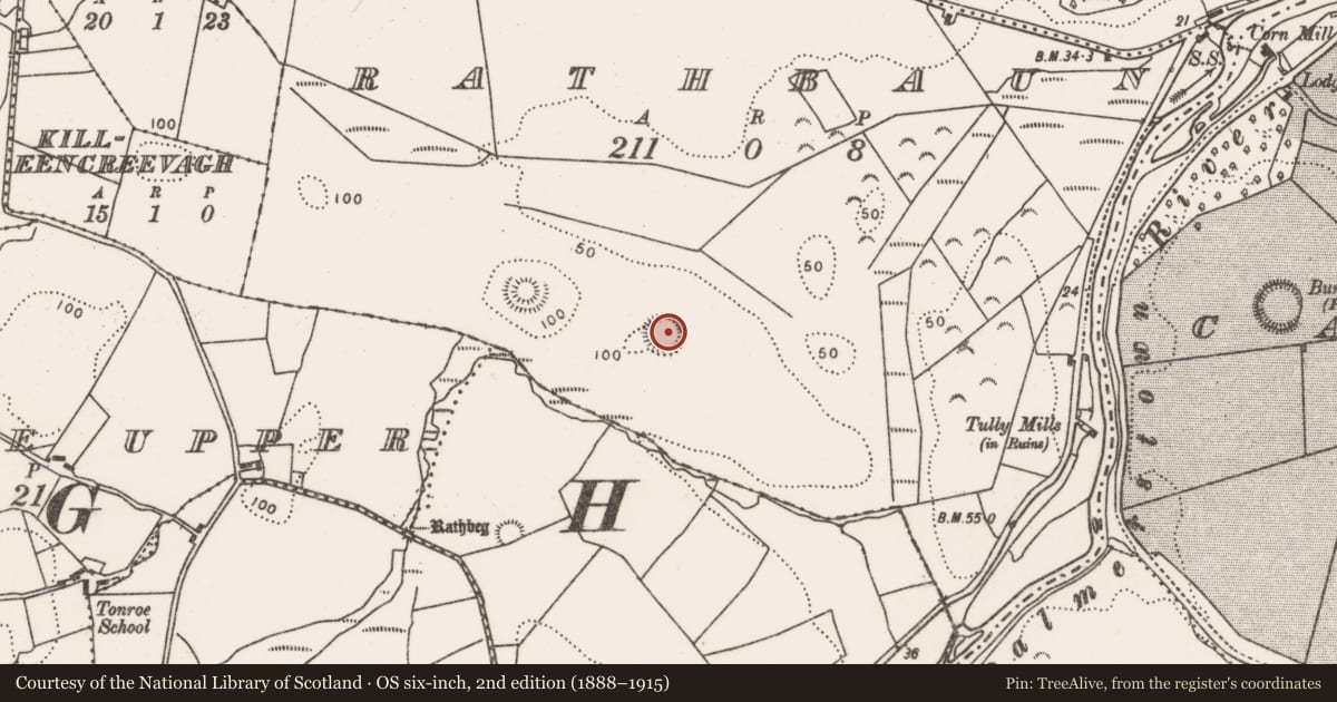 Ordnance Survey six-inch map, 2nd edition (1888–1915) covering the location of Ringfort - rath, Rathbaun (Tirawley By., Templemore Par.), County Mayo, with a pin at the register's coordinates
