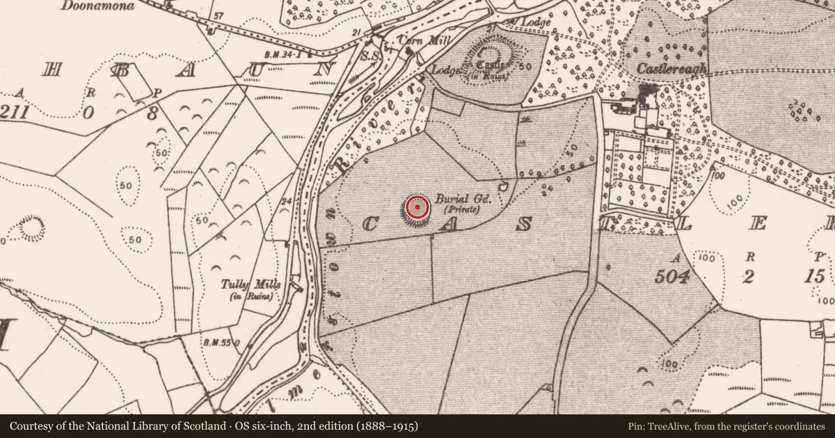 Ordnance Survey six-inch map, 2nd edition (1888–1915) covering the location of Burial ground, Castlereagh, County Mayo, with a pin at the register's coordinates