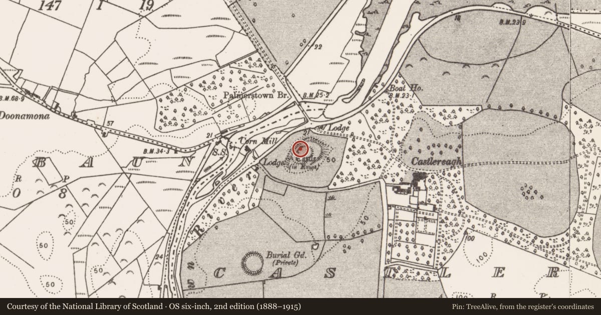 Ordnance Survey six-inch map, 2nd edition (1888–1915) covering the location of Castle - tower house, Castlereagh, County Mayo, with a pin at the register's coordinates