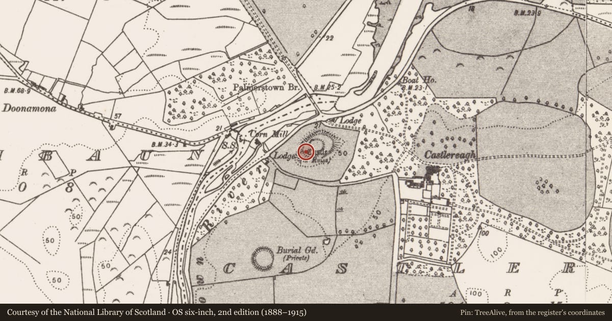 Ordnance Survey six-inch map, 2nd edition (1888–1915) covering the location of Earthwork, Castlereagh, County Mayo, with a pin at the register's coordinates