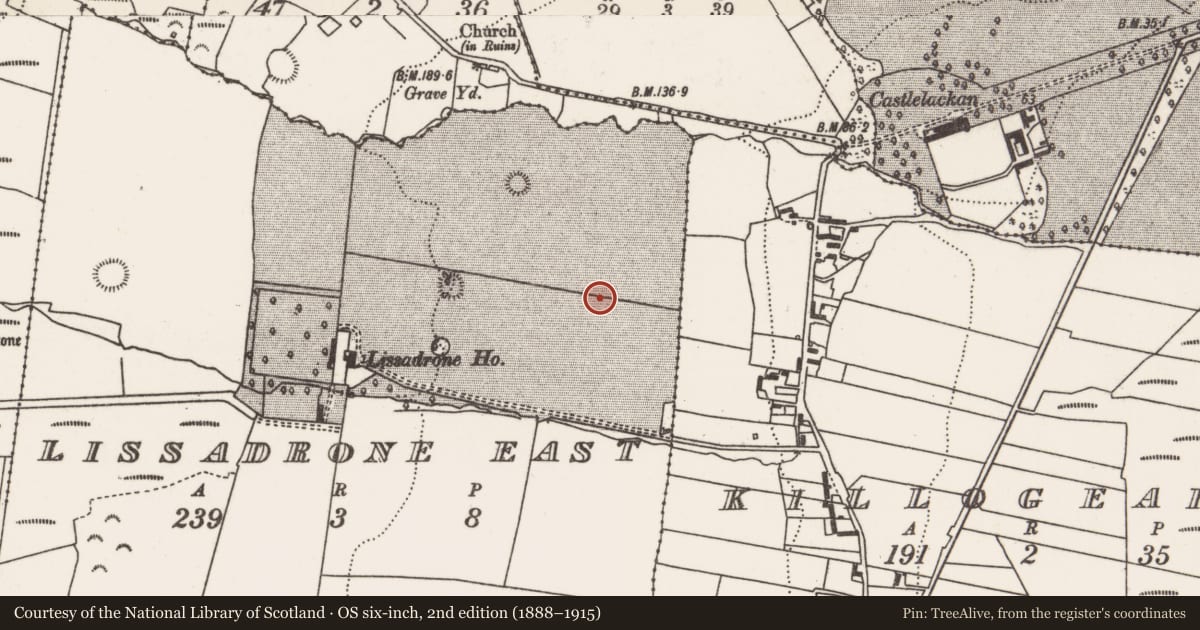 Ordnance Survey six-inch map, 2nd edition (1888–1915) covering the location of Ringfort - rath, Lissadrone East, County Mayo, with a pin at the register's coordinates