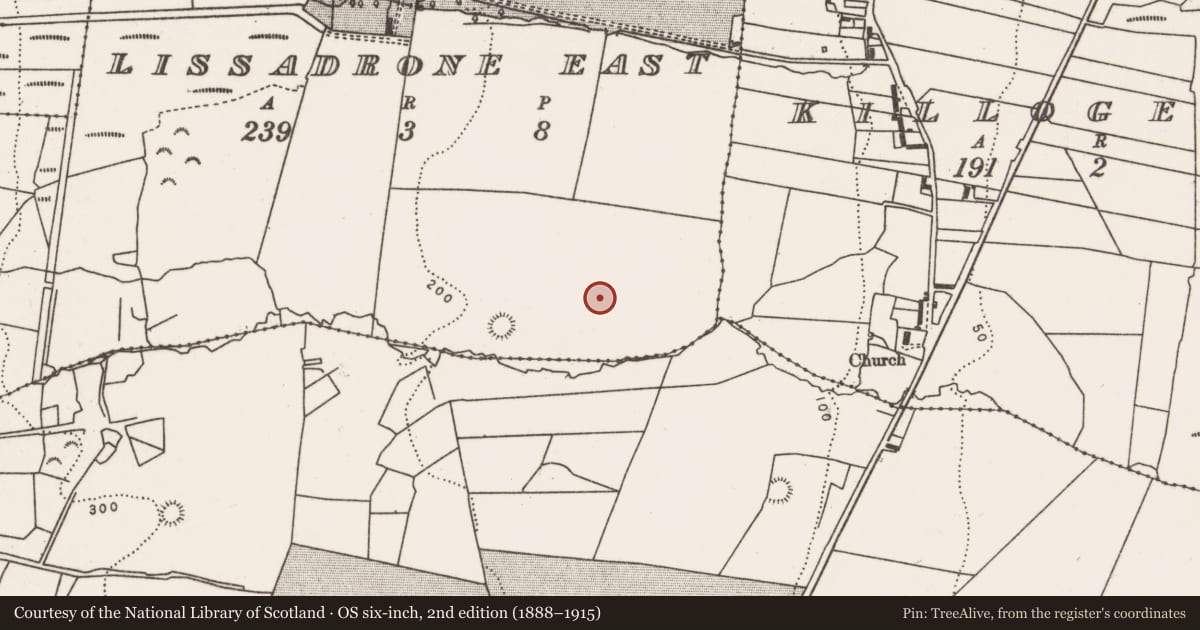 Ordnance Survey six-inch map, 2nd edition (1888–1915) covering the location of Enclosure, Lissadrone East, County Mayo, with a pin at the register's coordinates
