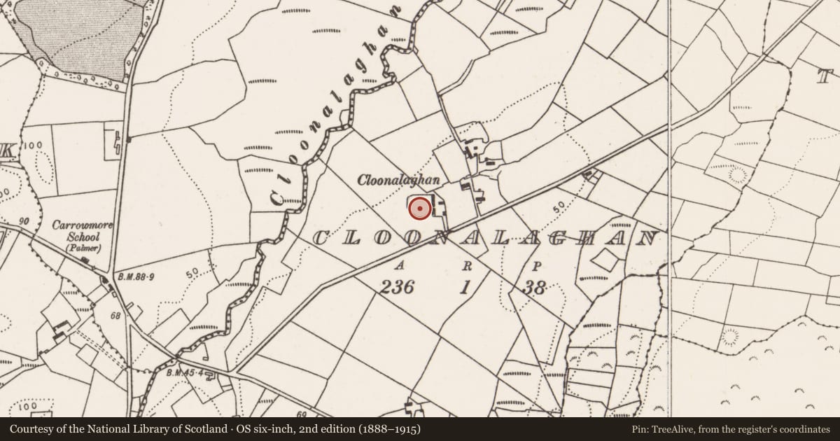 Ordnance Survey six-inch map, 2nd edition (1888–1915) covering the location of Ringfort - rath, Cloonalaghan, County Mayo, with a pin at the register's coordinates