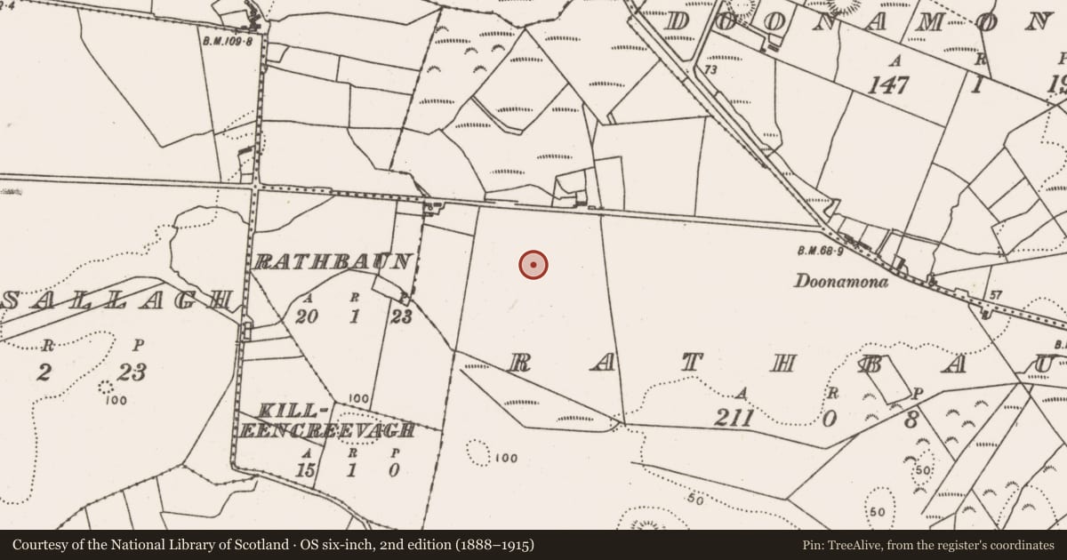Ordnance Survey six-inch map, 2nd edition (1888–1915) covering the location of Enclosure, Rathbaun (Tirawley By., Templemore Par.), County Mayo, with a pin at the register's coordinates