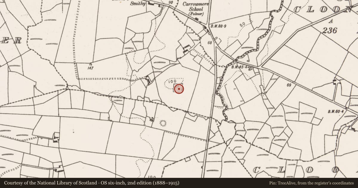 Ordnance Survey six-inch map, 2nd edition (1888–1915) covering the location of Enclosure, Ballynaleck, County Mayo, with a pin at the register's coordinates