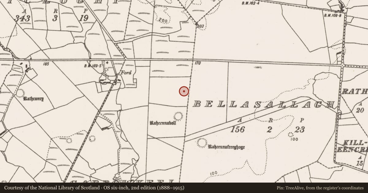 Ordnance Survey six-inch map, 2nd edition (1888–1915) covering the location of Ringfort - rath, Carrowkeel (Tirawley By., Rathreagh Par.), County Mayo, with a pin at the register's coordinates