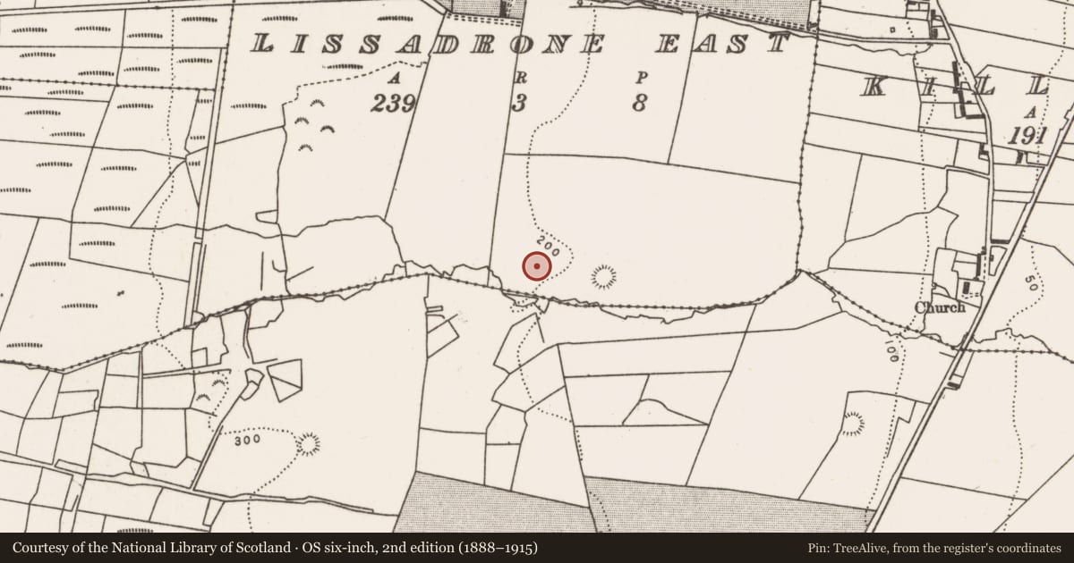 Ordnance Survey six-inch map, 2nd edition (1888–1915) covering the location of Mound, Lissadrone East, County Mayo, with a pin at the register's coordinates