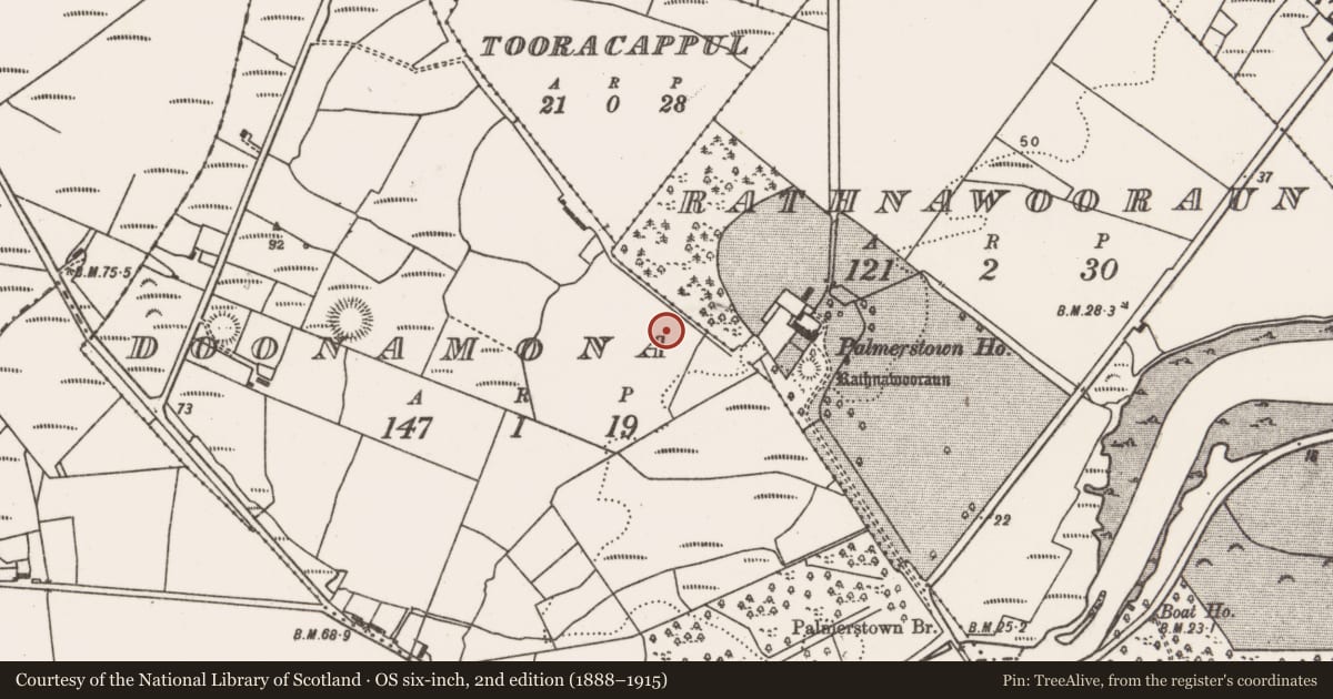 Ordnance Survey six-inch map, 2nd edition (1888–1915) covering the location of Mound, Doonamona, County Mayo, with a pin at the register's coordinates