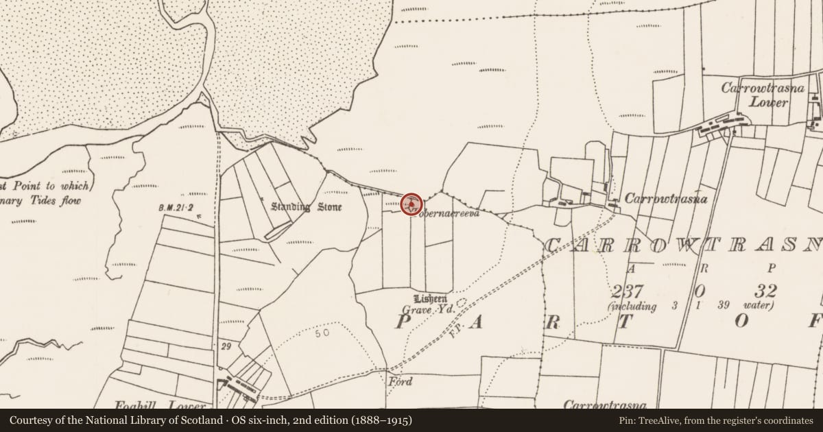 Ordnance Survey six-inch map, 2nd edition (1888–1915) covering the location of Ritual site - holy well, Foghill, County Mayo, with a pin at the register's coordinates
