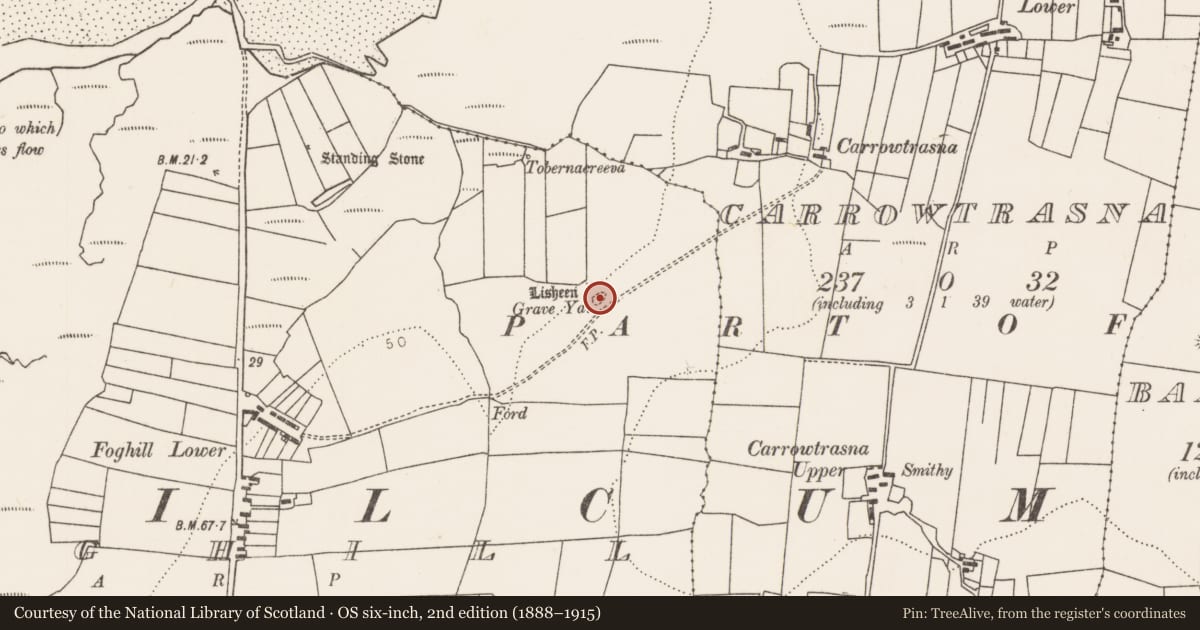 Ordnance Survey six-inch map, 2nd edition (1888–1915) covering the location of Ringfort - cashel, Foghill, County Mayo, with a pin at the register's coordinates