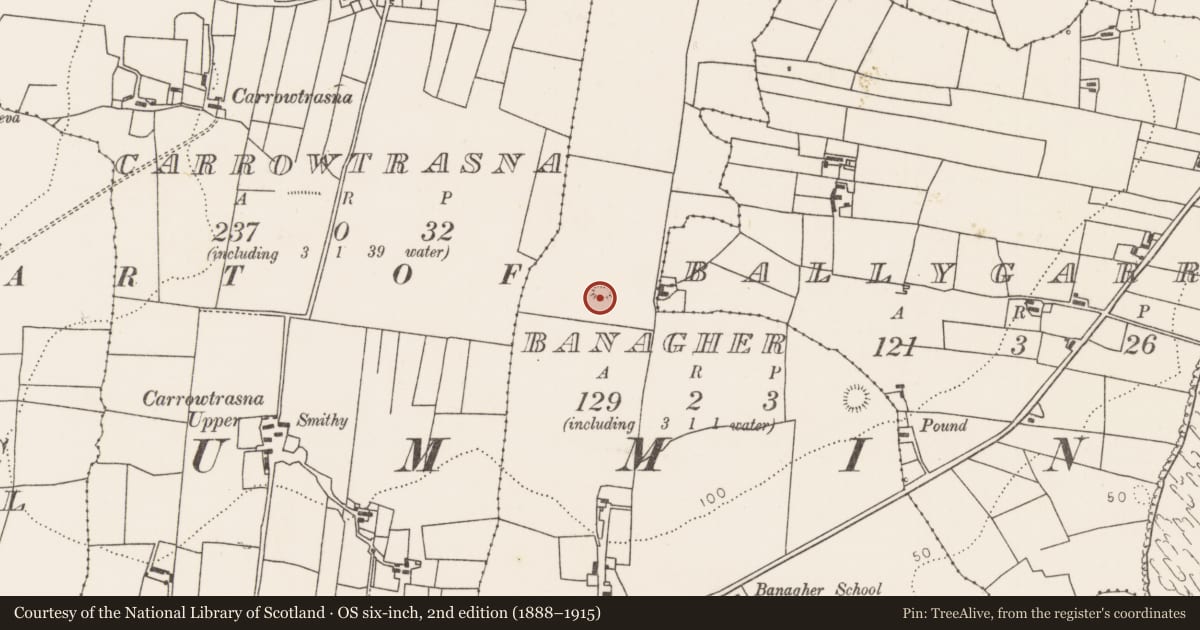 Ordnance Survey six-inch map, 2nd edition (1888–1915) covering the location of Ringfort - rath, Banagher, County Mayo, with a pin at the register's coordinates