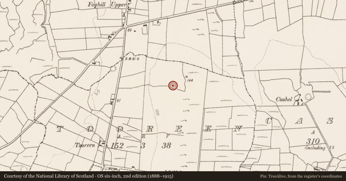 Ordnance Survey six-inch map, 2nd edition (1888–1915) covering the location of Enclosure, Tooreen (Tirawley By., Templemore Par.), County Mayo, with a pin at the register's coordinates