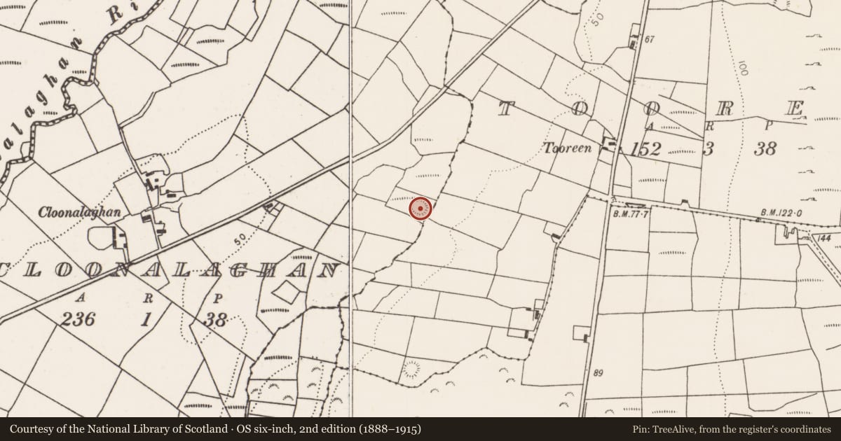 Ordnance Survey six-inch map, 2nd edition (1888–1915) covering the location of Ringfort - rath, Cloonalaghan, County Mayo, with a pin at the register's coordinates