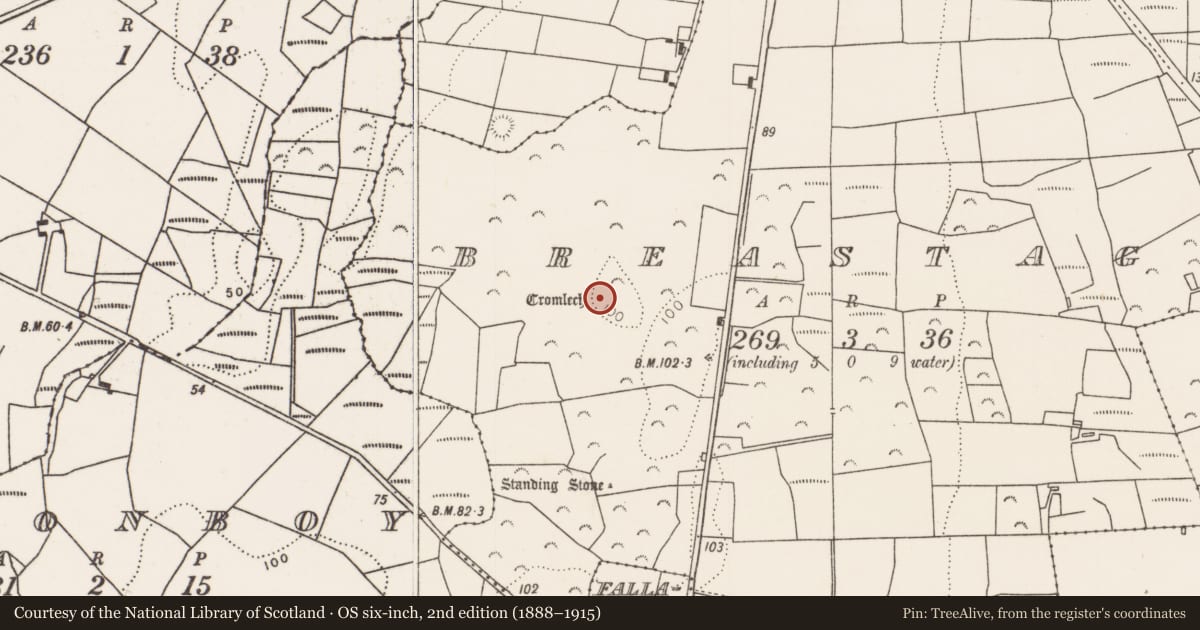 Ordnance Survey six-inch map, 2nd edition (1888–1915) covering the location of Megalithic tomb - wedge tomb, Breastagh, County Mayo, with a pin at the register's coordinates