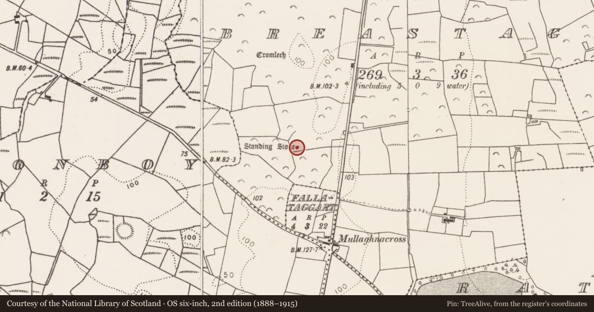 Ordnance Survey six-inch map, 2nd edition (1888–1915) covering the location of Ogham stone, Breastagh, County Mayo, with a pin at the register's coordinates