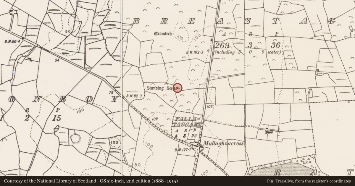 Ordnance Survey six-inch map, 2nd edition (1888–1915) covering the location of Burial, Breastagh, County Mayo, with a pin at the register's coordinates
