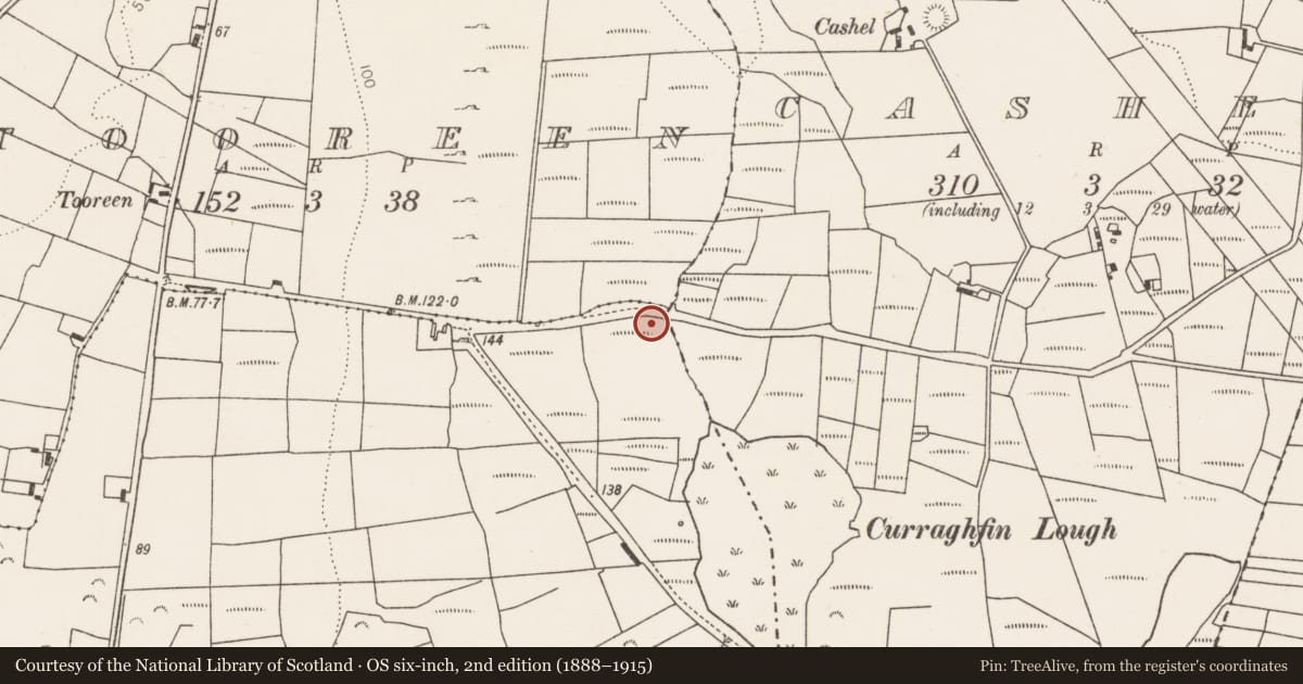 Ordnance Survey six-inch map, 2nd edition (1888–1915) covering the location of Megalithic tomb - unclassified, Breastagh, County Mayo, with a pin at the register's coordinates