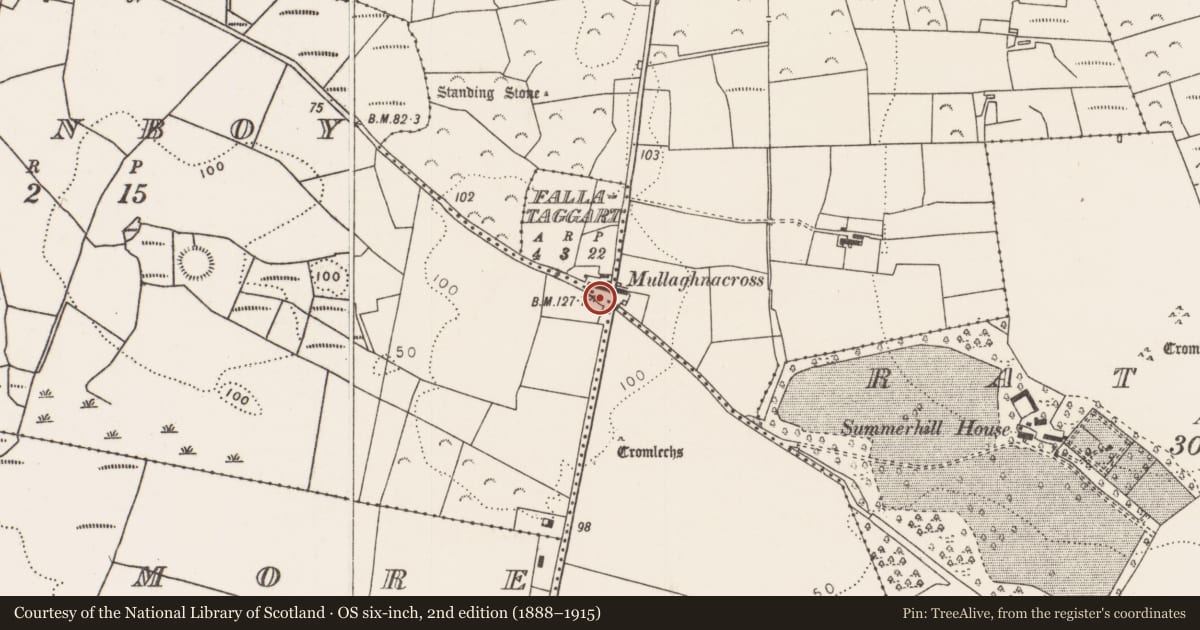 Ordnance Survey six-inch map, 2nd edition (1888–1915) covering the location of Megalithic tomb - court tomb, Cloonboy, County Mayo, with a pin at the register's coordinates