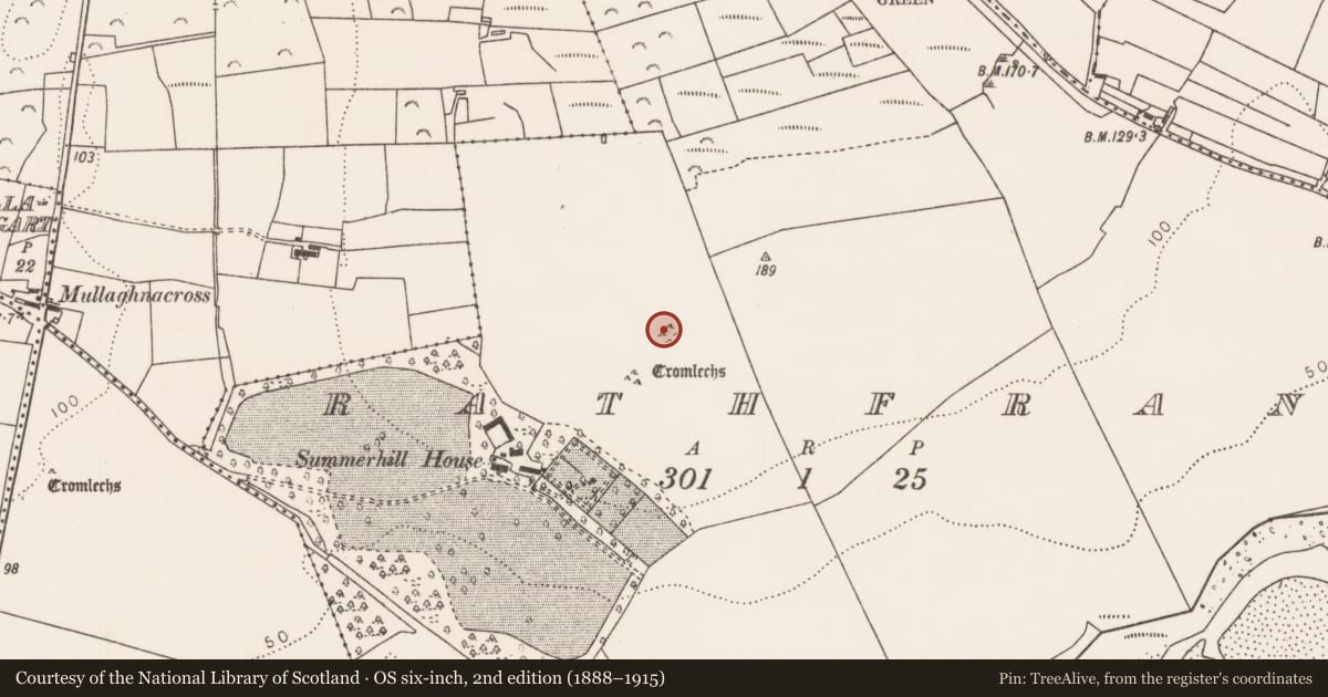 Ordnance Survey six-inch map, 2nd edition (1888–1915) covering the location of Stone circle, Rathfran, County Mayo, with a pin at the register's coordinates
