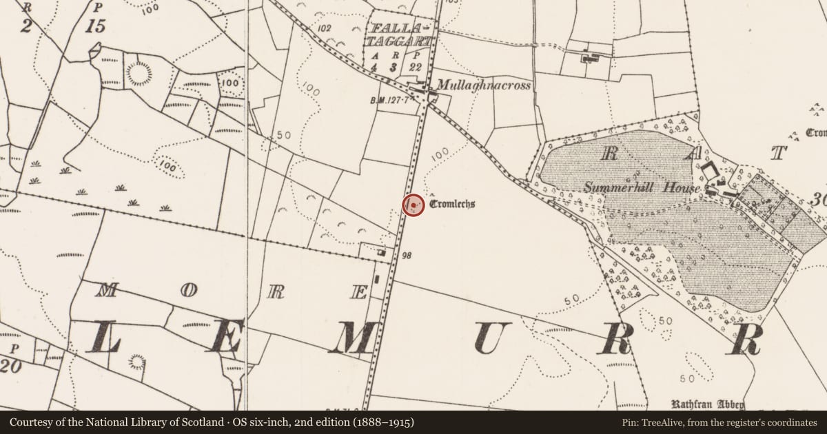 Ordnance Survey six-inch map, 2nd edition (1888–1915) covering the location of Megalithic tomb - wedge tomb, Rathfranpark, County Mayo, with a pin at the register's coordinates