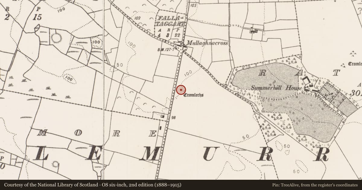 Ordnance Survey six-inch map, 2nd edition (1888–1915) covering the location of Stone circle, Rathfranpark, County Mayo, with a pin at the register's coordinates