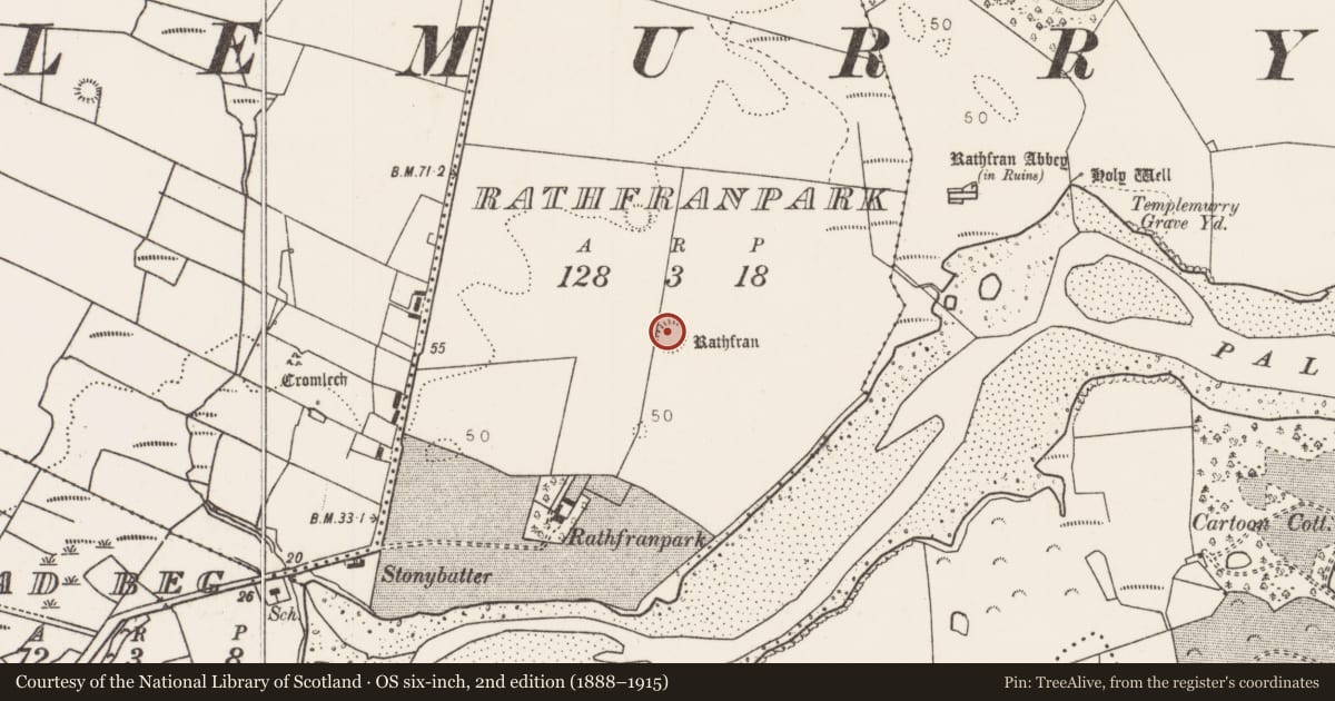 Ordnance Survey six-inch map, 2nd edition (1888–1915) covering the location of Ringfort - rath, Rathfranpark, County Mayo, with a pin at the register's coordinates