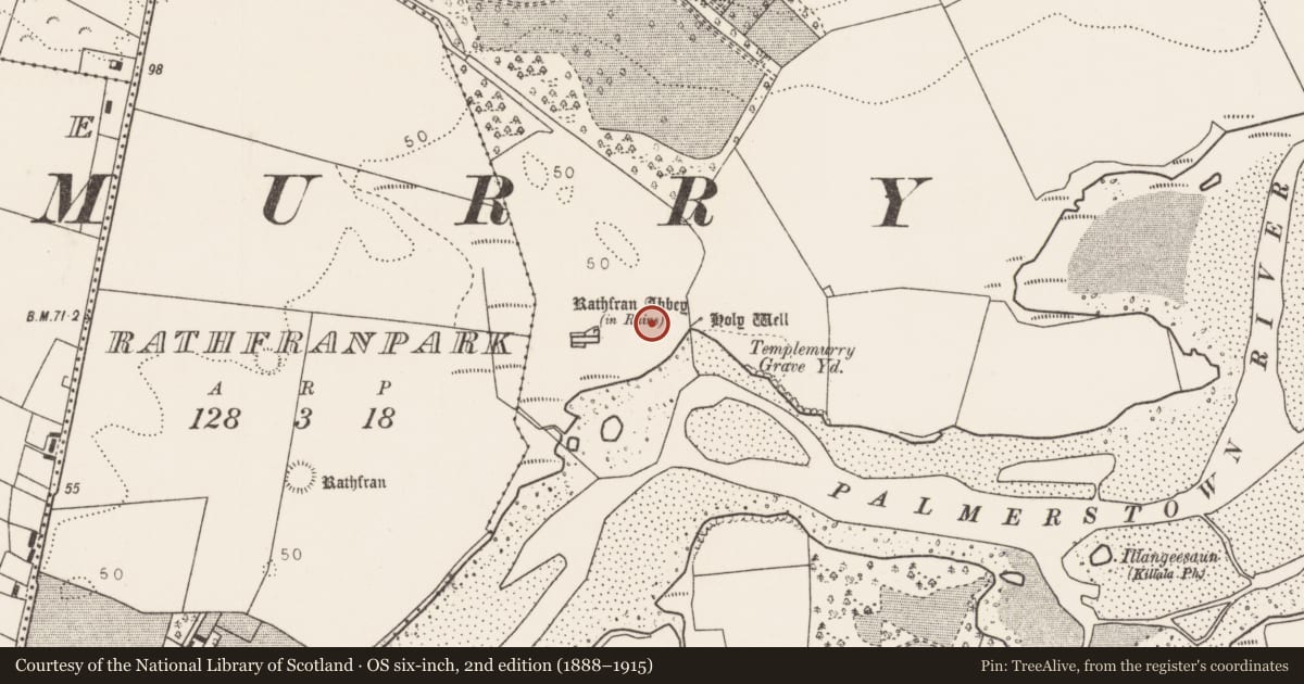 Ordnance Survey six-inch map, 2nd edition (1888–1915) covering the location of Historic town, Cartoon, Rathfran, County Mayo, with a pin at the register's coordinates