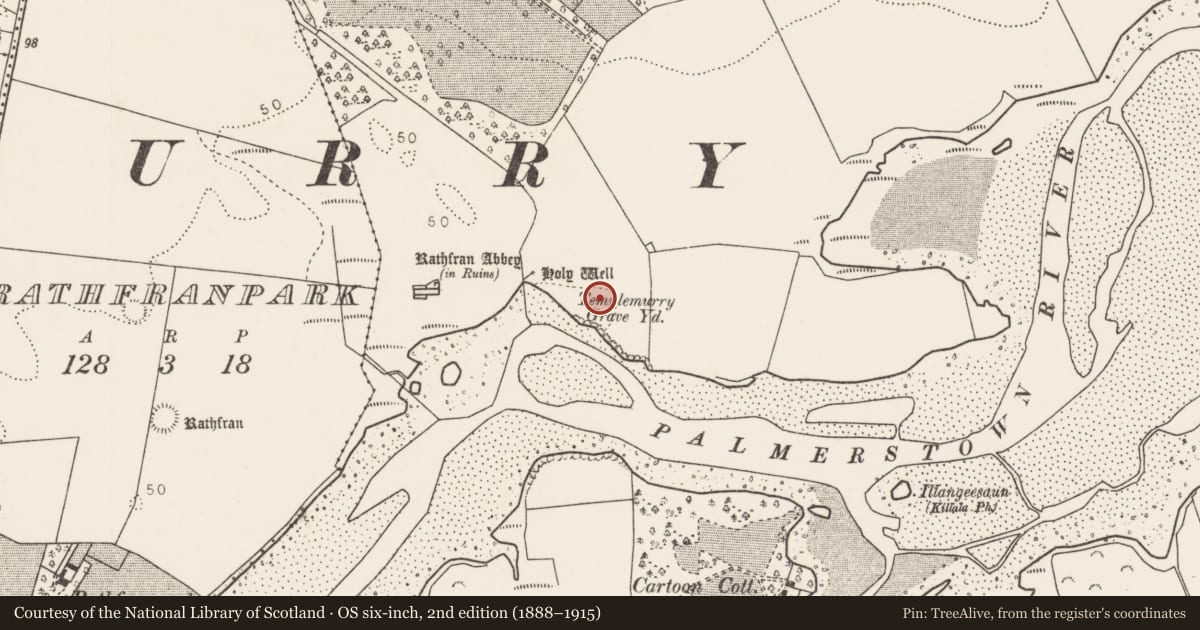 Ordnance Survey six-inch map, 2nd edition (1888–1915) covering the location of Church, Rathfran, County Mayo, with a pin at the register's coordinates