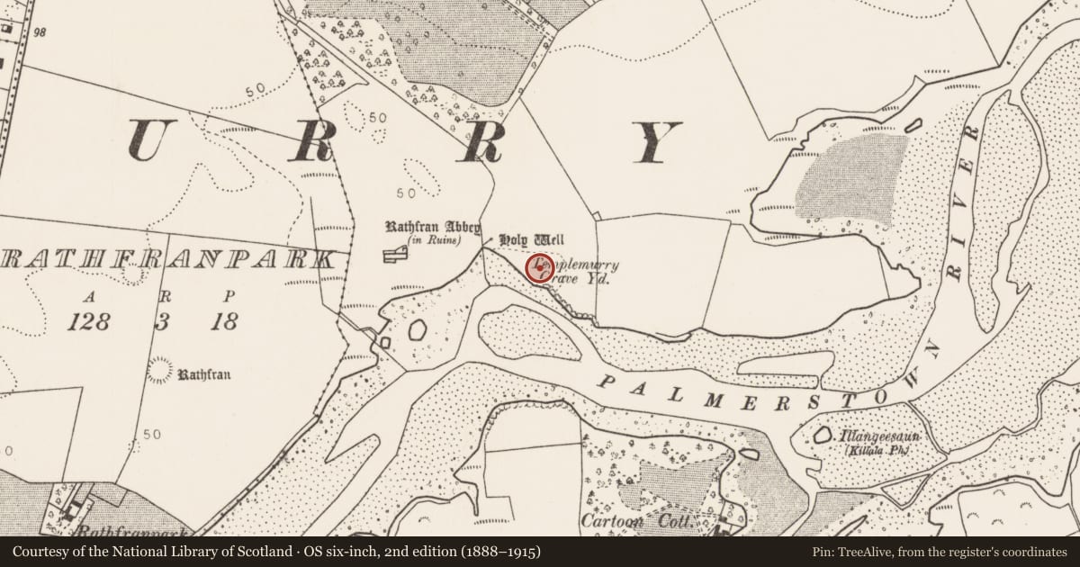 Ordnance Survey six-inch map, 2nd edition (1888–1915) covering the location of Graveyard, Rathfran, County Mayo, with a pin at the register's coordinates