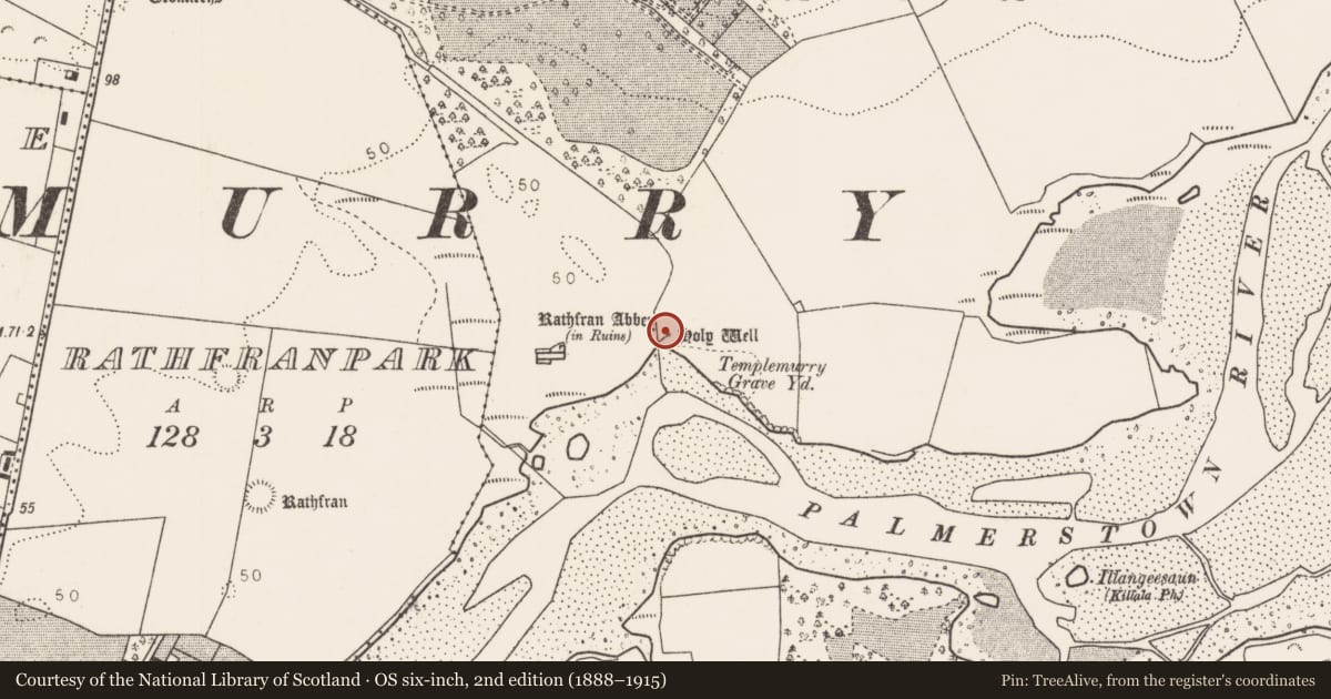 Ordnance Survey six-inch map, 2nd edition (1888–1915) covering the location of Ritual site - holy well, Rathfran, County Mayo, with a pin at the register's coordinates