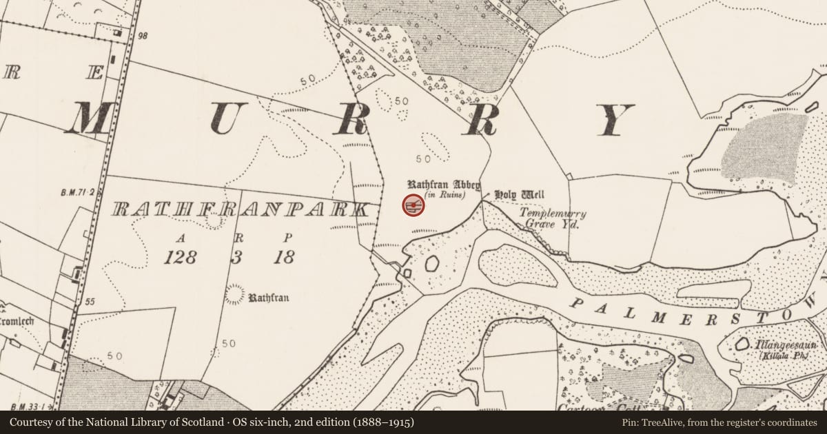Ordnance Survey six-inch map, 2nd edition (1888–1915) covering the location of Religious house - Dominican friars, Rathfran, County Mayo, with a pin at the register's coordinates