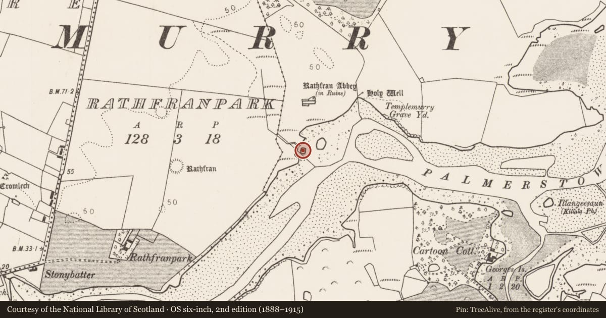 Ordnance Survey six-inch map, 2nd edition (1888–1915) covering the location of Structure, Rathfran, County Mayo, with a pin at the register's coordinates