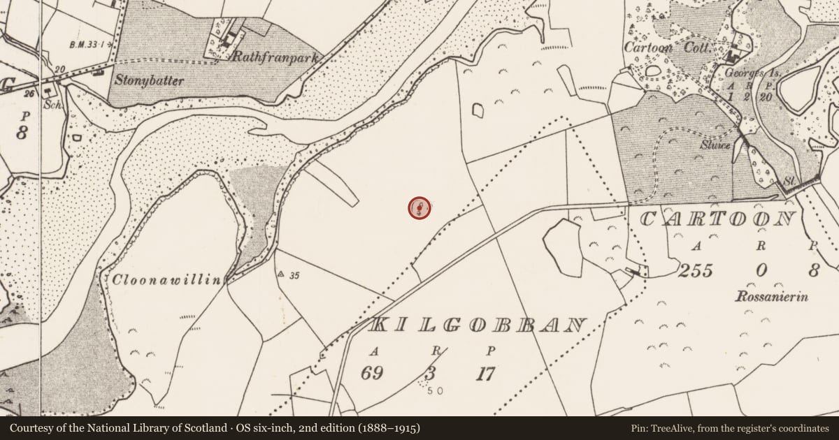 Ordnance Survey six-inch map, 2nd edition (1888–1915) covering the location of Enclosure, Cartoon, County Mayo, with a pin at the register's coordinates