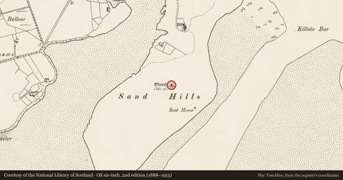 Ordnance Survey six-inch map, 2nd edition (1888–1915) covering the location of Church, Ross, County Mayo, with a pin at the register's coordinates