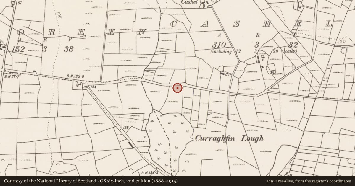 Ordnance Survey six-inch map, 2nd edition (1888–1915) covering the location of Ringfort - unclassified, Cashel, County Mayo, with a pin at the register's coordinates