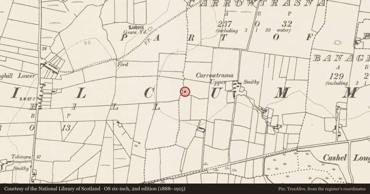 Ordnance Survey six-inch map, 2nd edition (1888–1915) covering the location of Enclosure, Carrowtrasna, County Mayo, with a pin at the register's coordinates