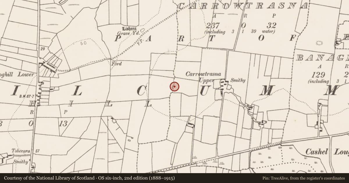 Ordnance Survey six-inch map, 2nd edition (1888–1915) covering the location of Enclosure, Carrowtrasna, County Mayo, with a pin at the register's coordinates