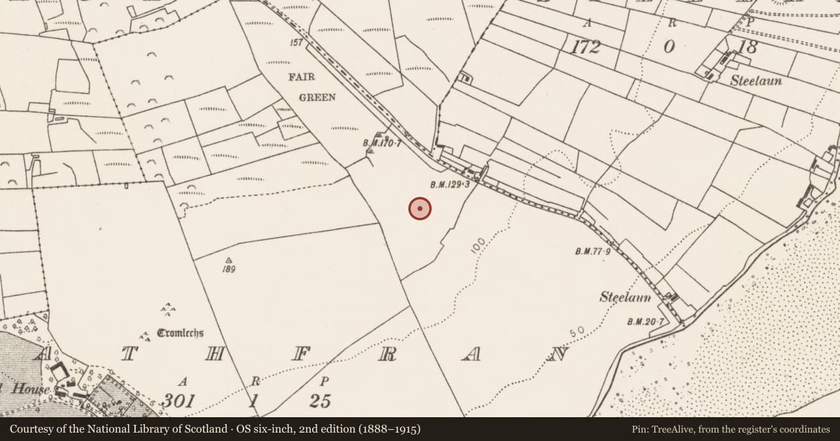 Ordnance Survey six-inch map, 2nd edition (1888–1915) covering the location of Enclosure, Rathfran, County Mayo, with a pin at the register's coordinates