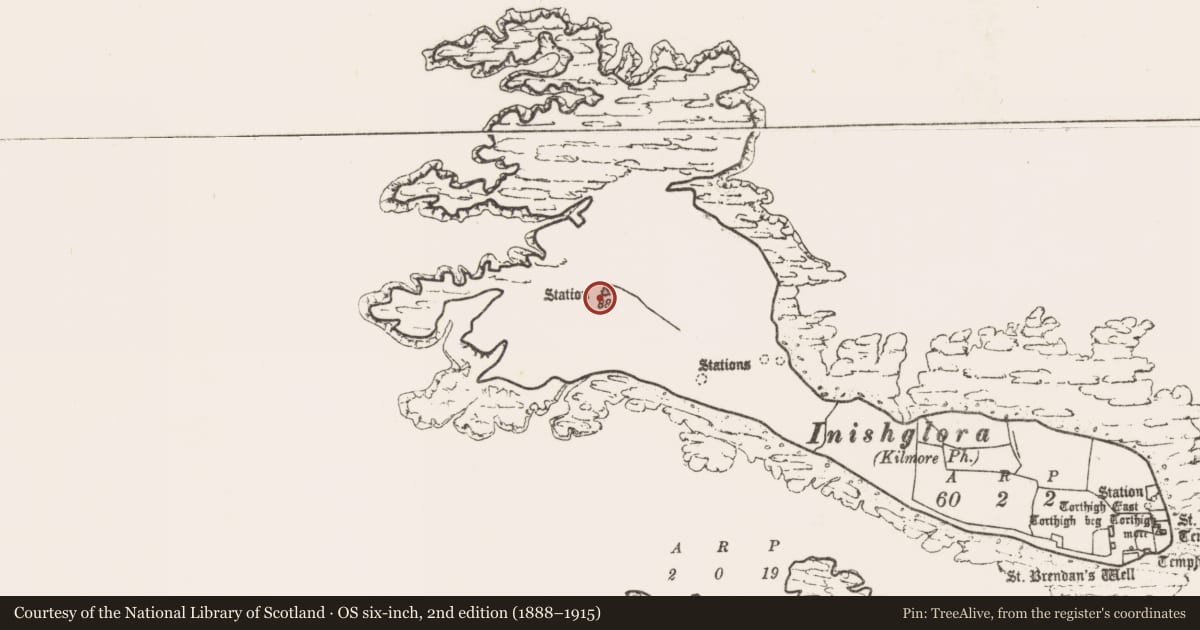 Ordnance Survey six-inch map, 2nd edition (1888–1915) covering the location of Penitential station, Inis Gluaire, County Mayo, with a pin at the register's coordinates
