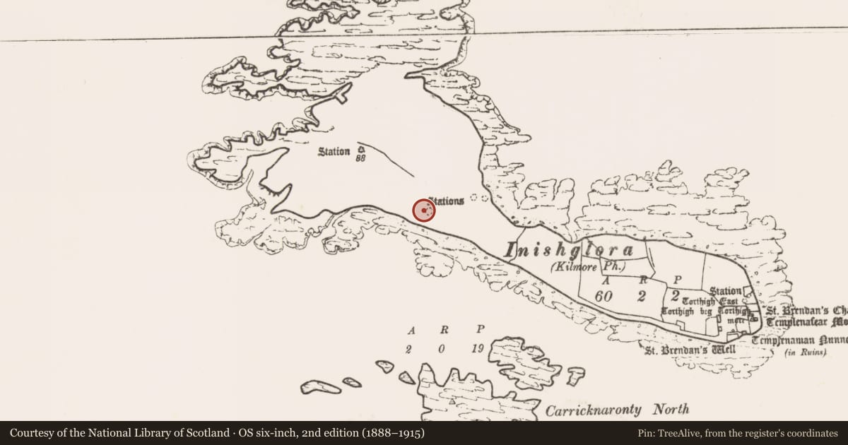 Ordnance Survey six-inch map, 2nd edition (1888–1915) covering the location of Penitential station, Inis Gluaire, County Mayo, with a pin at the register's coordinates