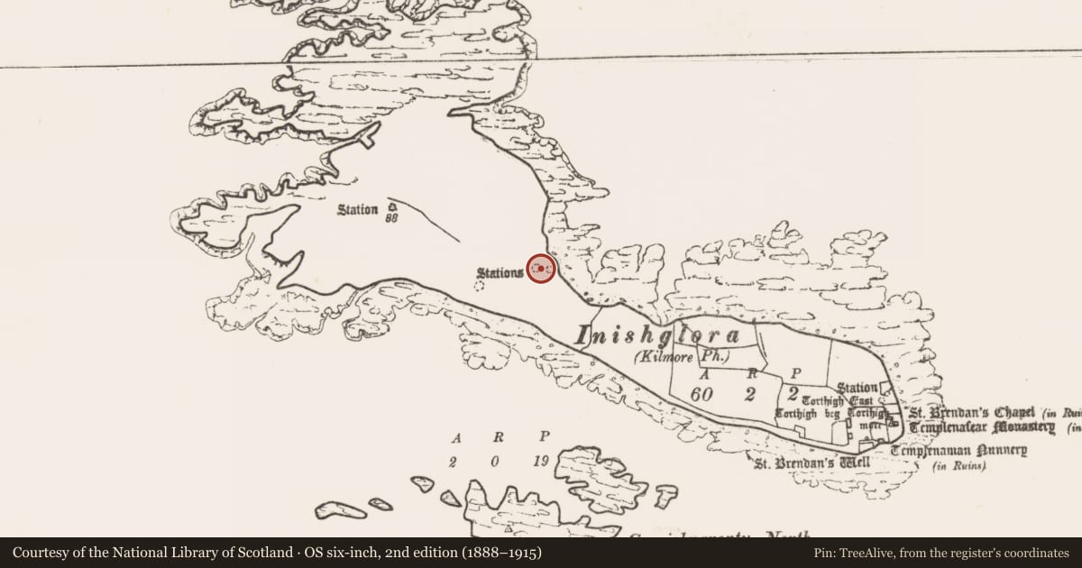 Ordnance Survey six-inch map, 2nd edition (1888–1915) covering the location of Penitential station, Inis Gluaire, County Mayo, with a pin at the register's coordinates