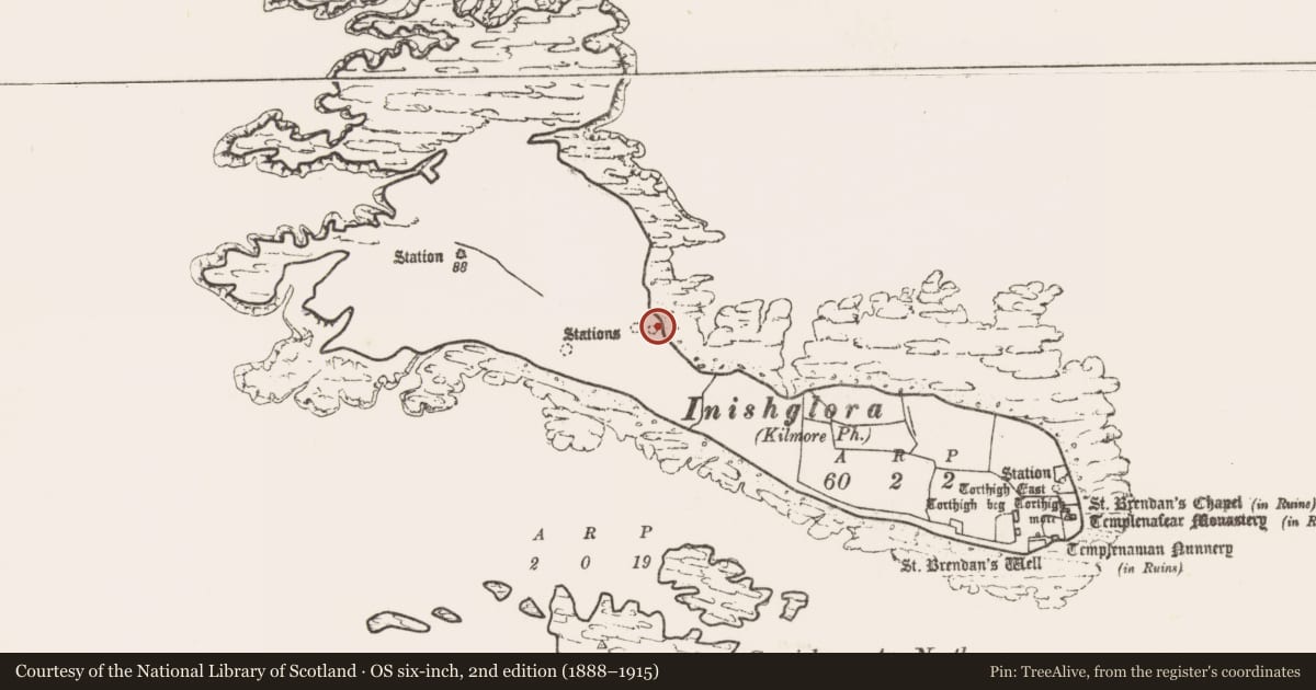 Ordnance Survey six-inch map, 2nd edition (1888–1915) covering the location of Penitential station, Inis Gluaire, County Mayo, with a pin at the register's coordinates