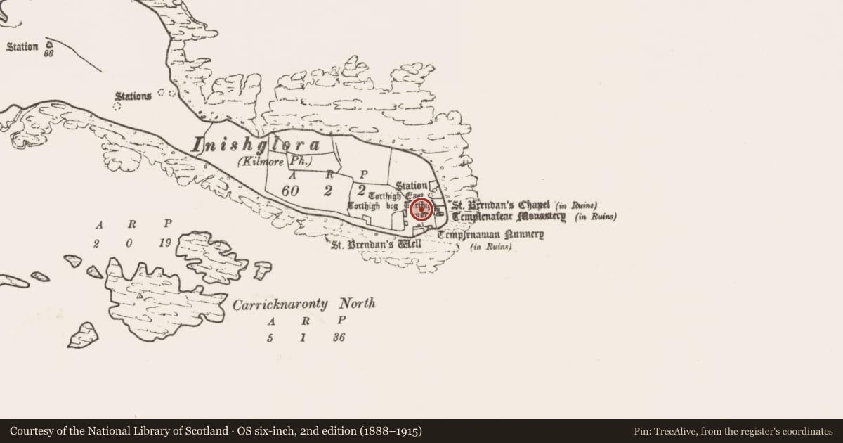 Ordnance Survey six-inch map, 2nd edition (1888–1915) covering the location of Clochan, Inis Gluaire, County Mayo, with a pin at the register's coordinates