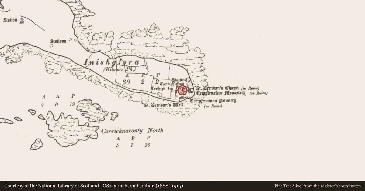 Ordnance Survey six-inch map, 2nd edition (1888–1915) covering the location of Clochan, Inis Gluaire, County Mayo, with a pin at the register's coordinates