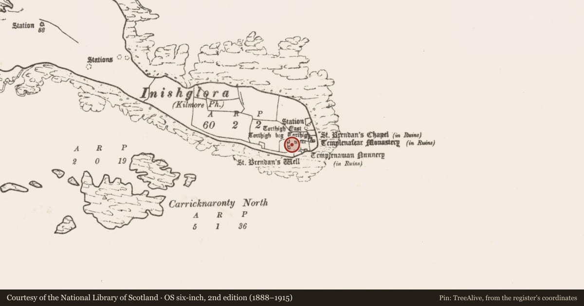 Ordnance Survey six-inch map, 2nd edition (1888–1915) covering the location of Souterrain, Inis Gluaire, County Mayo, with a pin at the register's coordinates