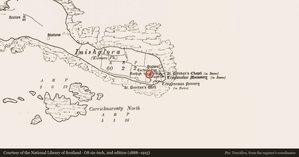 Ordnance Survey six-inch map, 2nd edition (1888–1915) covering the location of Ringfort - cashel, Inis Gluaire, County Mayo, with a pin at the register's coordinates