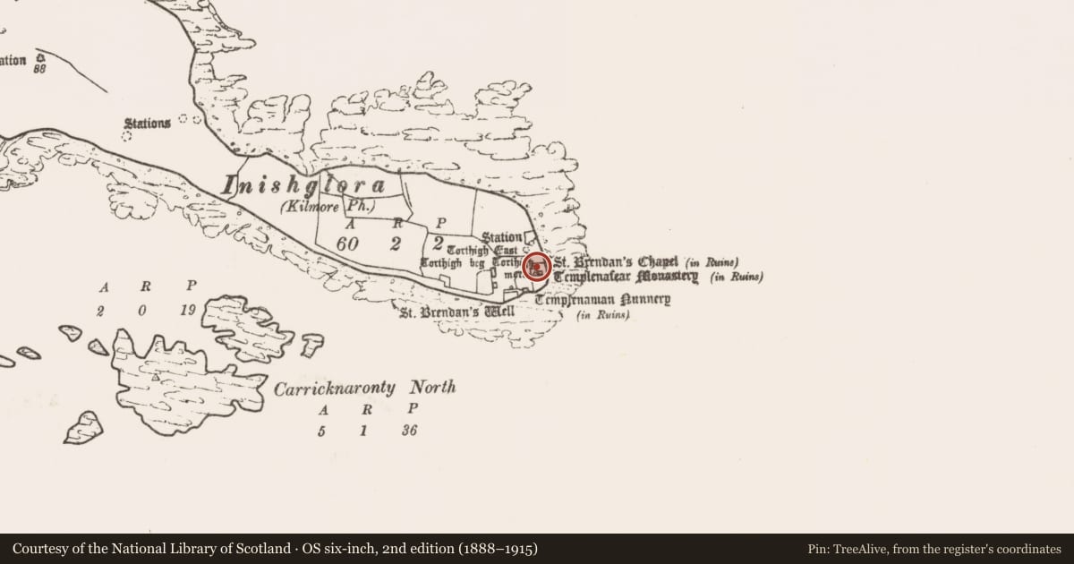 Ordnance Survey six-inch map, 2nd edition (1888–1915) covering the location of Church, Inis Gluaire, County Mayo, with a pin at the register's coordinates
